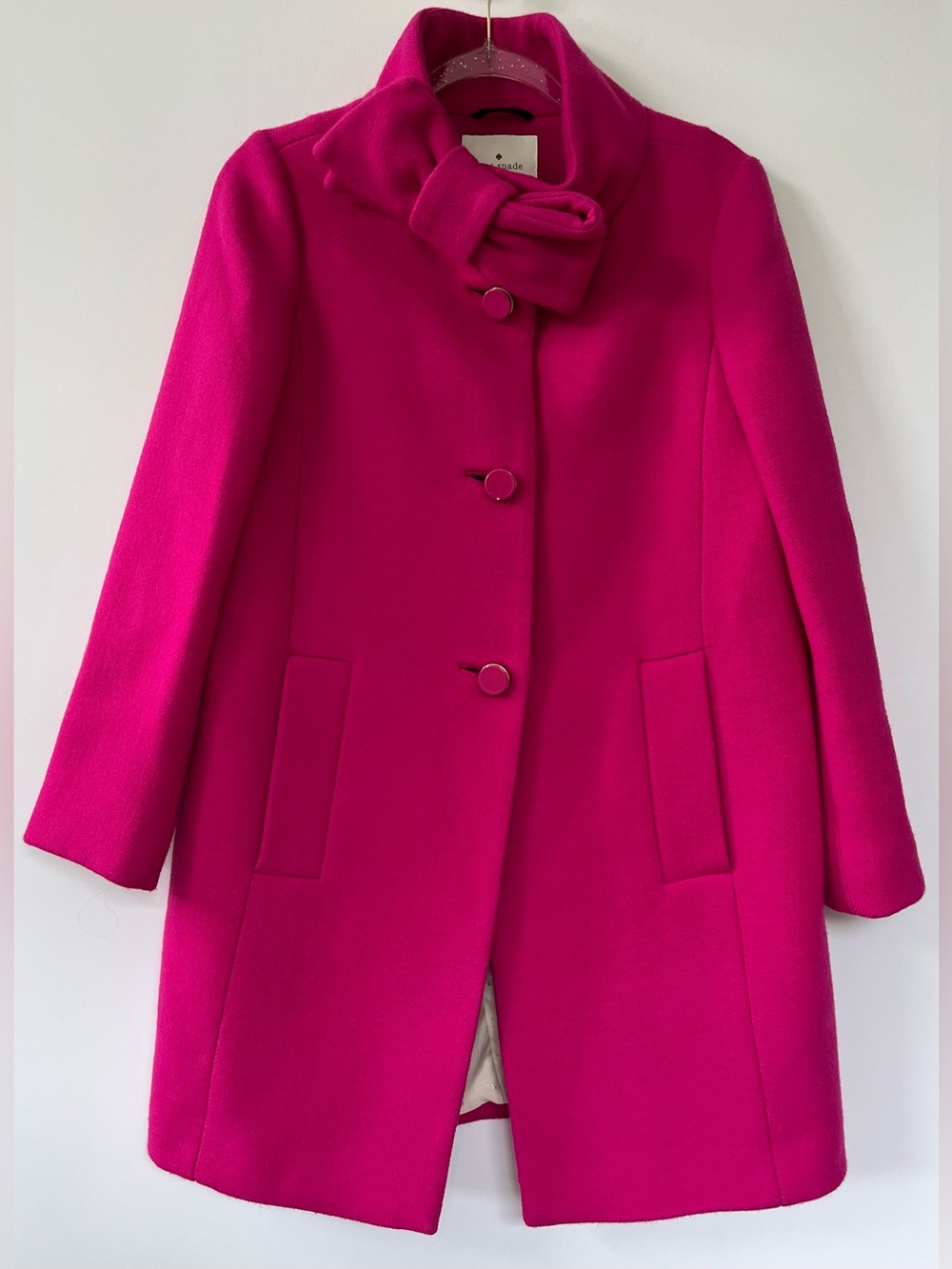 kate spade Fuchsia Wool-Blend Coat with Bow Collar Satin Lining Feminine Style